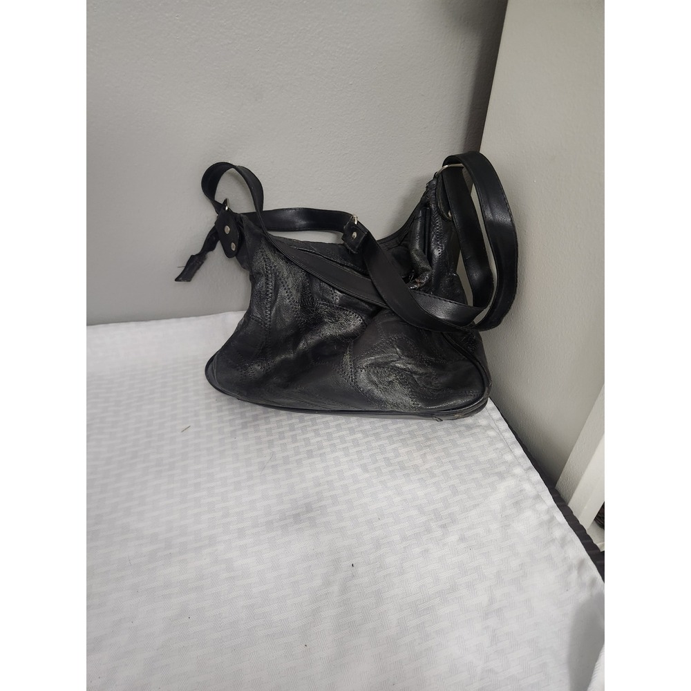 Gold Coast Black Patchwork Leather Hobo Shoulder Bag Multi Pocket Slouchy Purse